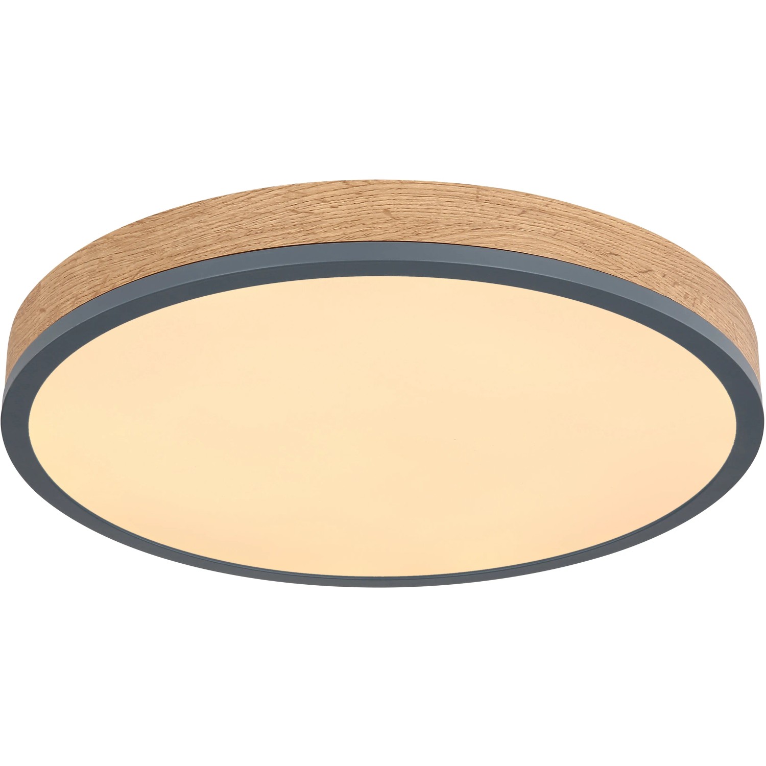 Runde LED-Deckenleuchte Doro in Graphit und Holzoptik, 450 mm Durchmesser.