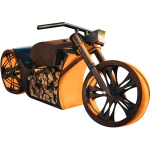 Ferrum Art Design Grillstelle Motorrad in Rostoptik, mit Holz befüllt.