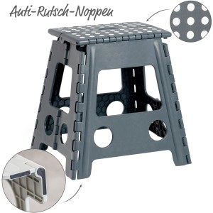 Zeller Klapphocker aus Kunststoff in Anthrazit mit Anti-Rutsch-Noppen und gummierten Füßen.