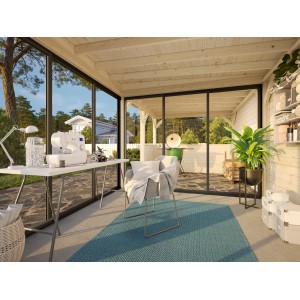 Innenansicht Palmako Pavillon Lenna Set 408, weiß lackiert, mit Schiebetüren und Einrichtung.