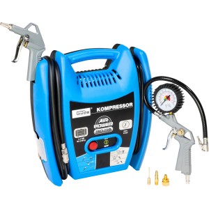 Güde Kompressor Airpower 180/08: Blauer, tragbarer Kompressor mit Zubehör wie Reifenfüller und Ausblaspistole.