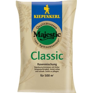 Verpackung Kiepenkerl Rasen Majestic Classic, 10kg. Hochwertige Rasensamen-Mischung für dichten, strapazierfähigen Rasen.