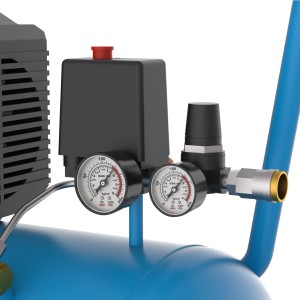 Detailaufnahme: Güde Kompressor 260/10/50 mit Manometer und Druckminderer.