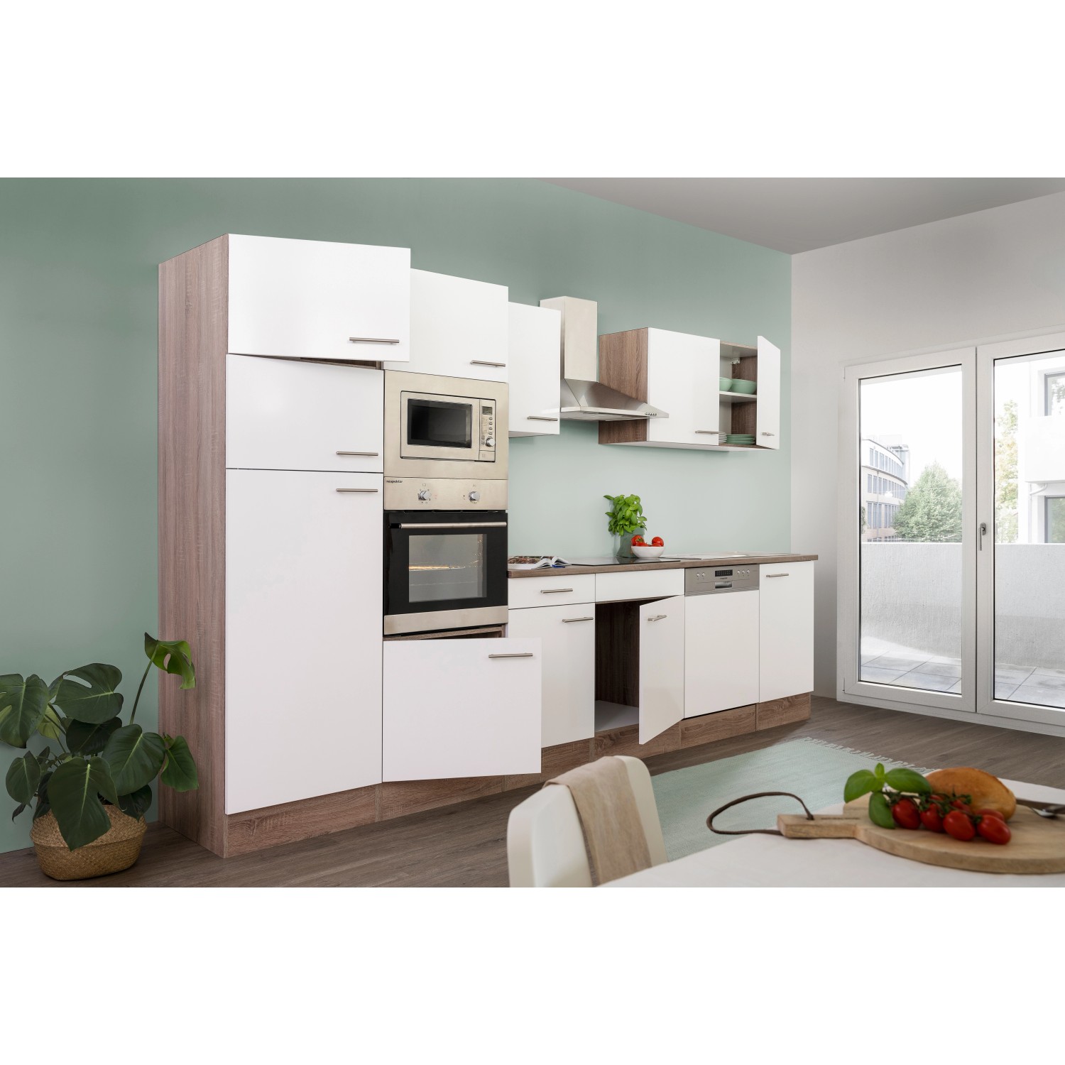 Respekta Küchenzeile KB340EYWMIGKE, 340 cm, Weiß Seidenglanz/Eiche York Nachbildung mit E-Geräten.