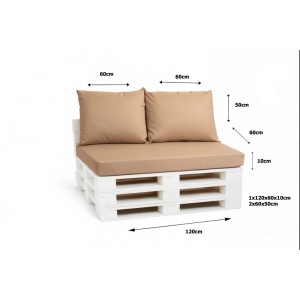 Beiges Palettenkissen-Set für Outdoor: 1 Sitzkissen (120x60) & 2 Rückenkissen (60x50) auf weißer Palette.