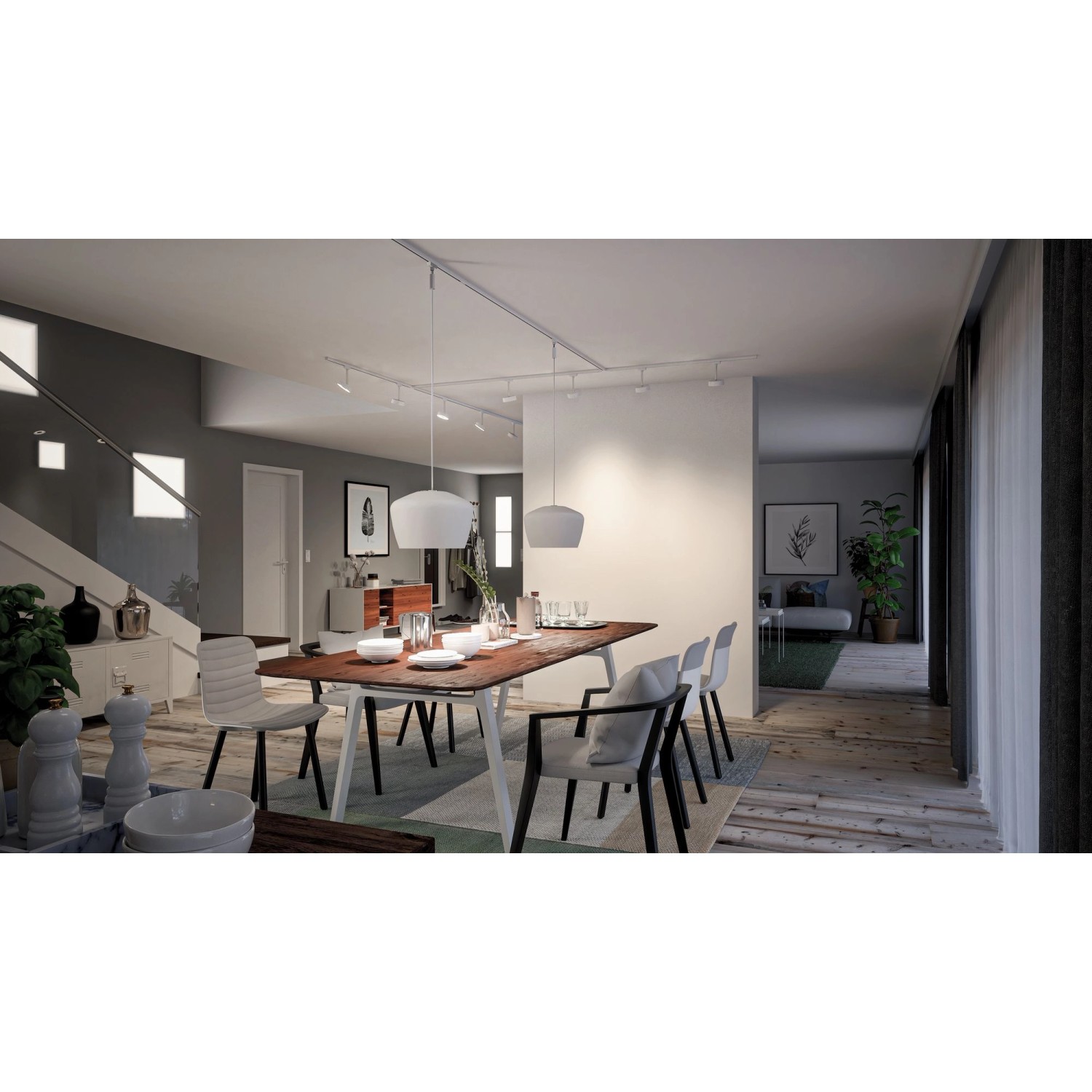 Paulmann URail Spotadapter in Chrom matt an Schienensystem über Esstisch.