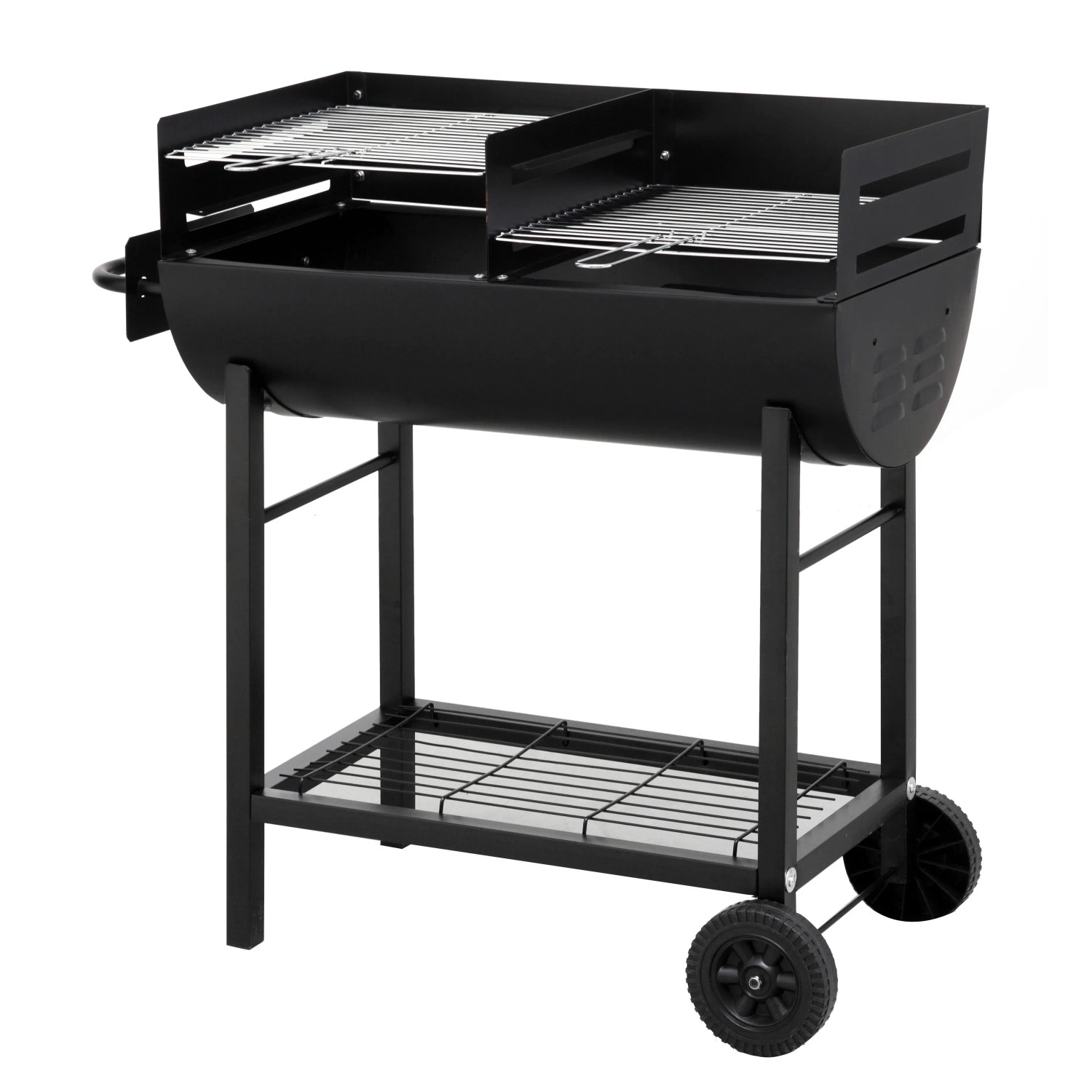 Schwarzes Tepro Grillfass Detroit Holzkohlegrill mit Ablage und Rädern.