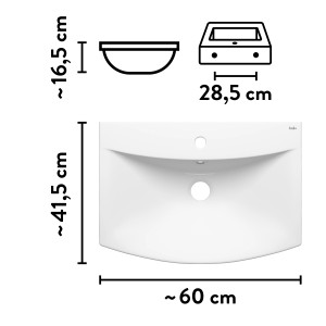 baliv Wand- & Aufsatzwaschtisch Mansfield, 60 cm, weiß, mit Maßangaben.