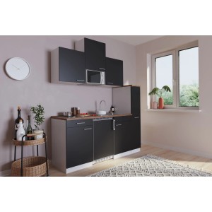 Respekta Küchenzeile KB180WSMIC, 180 cm, schwarz-weiße Single-Küche mit Kühlschrank und Glaskeramik-Kochfeld.