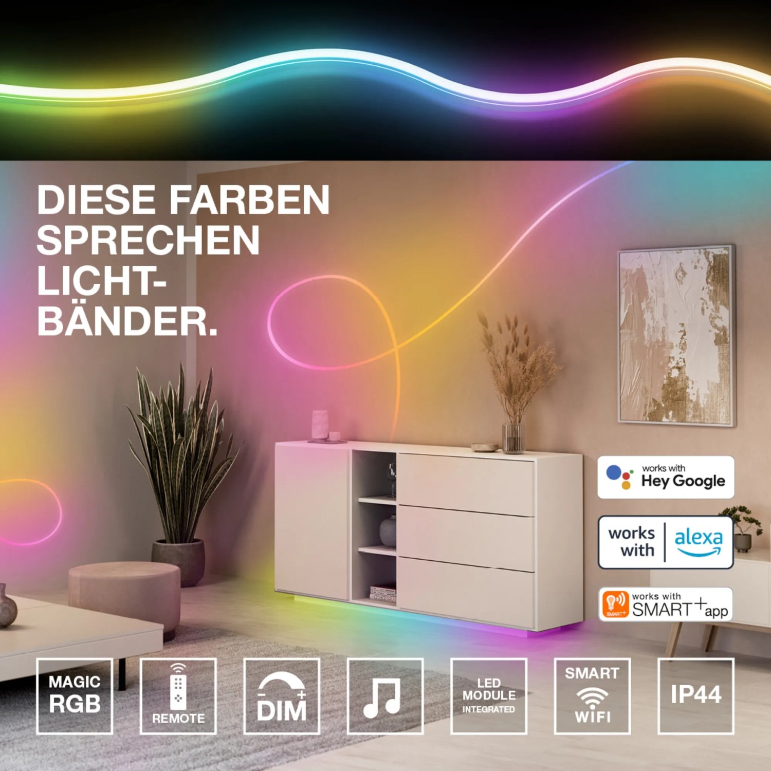 Flexibler Osram LED-Streifen Neon Flex mit RGB-Farbwechsel, USB-Anschluss und Fernbedienung zur Deko im Wohnraum.