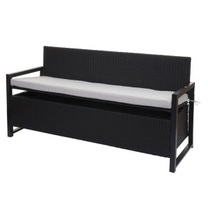 Anthrazitfarbene Poly-Rattan Sitzbank mit grauem Kissen und Staufach.