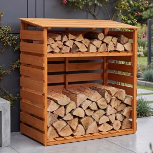 MCW Brennholzlager Q16 aus Tannenholz, 121x122x61cm, mit Holz gefüllt.