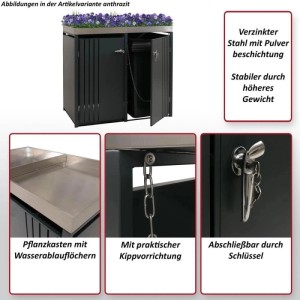 Anthrazitfarbene Mülltonnenbox für 2 Tonnen mit Pflanzkasten und Kippvorrichtung.