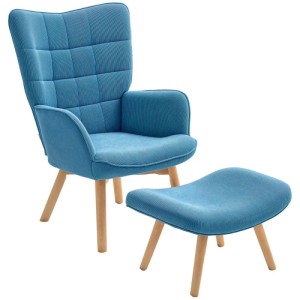 Blauer HOMCOM Ohrensessel mit hoher Rückenlehne und passendem Hocker. Kordstoffbezug und helle Holzbeine für Wohnzimmer.