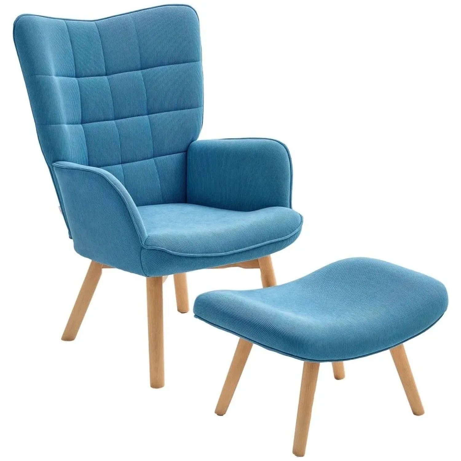 Blauer HOMCOM Ohrensessel mit hoher Rückenlehne und passendem Hocker. Kordstoffbezug und helle Holzbeine für Wohnzimmer.