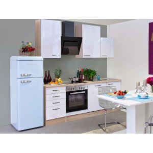 Küchenzeile Valero 220 cm, Front Hochglanz Weiß, Korpus Sonoma Eiche, mit E-Geräten.
