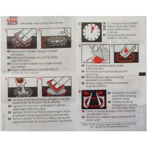 Anleitung zur Reifenreparatur mit Tip-Top Flickzeug Set TT00: Aufrauen, Vulkanisieren, Flicken aufdrücken, Schutzfolie abziehen.