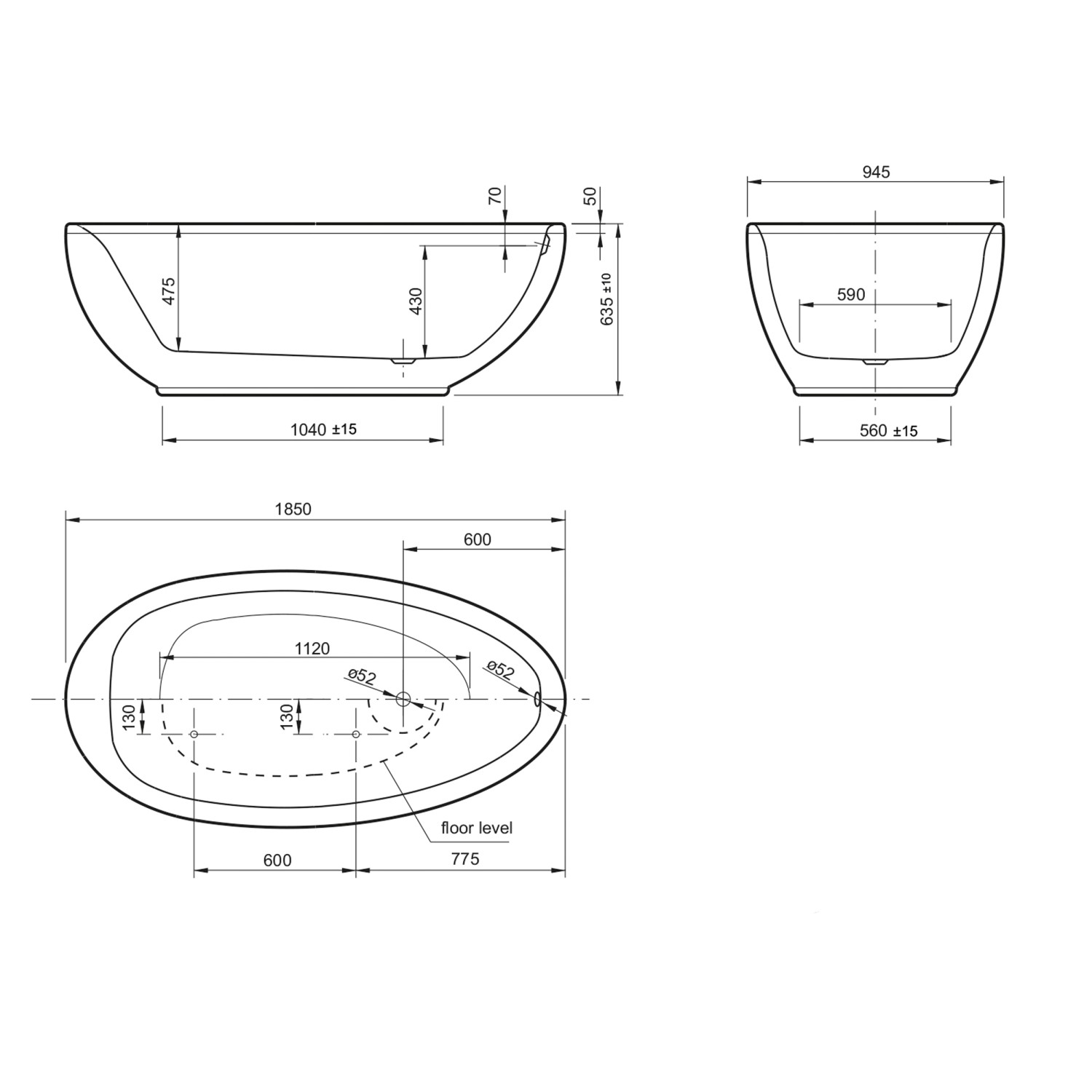 Technische Zeichnung des Ottofond Whirlpool Somerset 185x94,5 cm, Maße und Details für Installation.