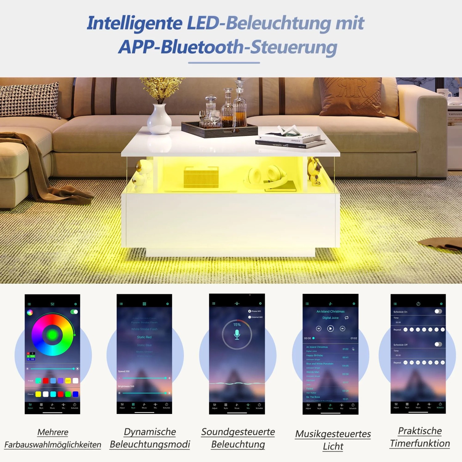 okwish Couchtisch mit LED 2 Schubladen Präsentationsbereich 70x70x41cm Weiß_7