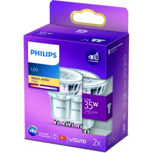 Philips GU10 LED-Leuchtmittel, 3,5W, warmweiß, 2er-Pack in lila Verpackung.