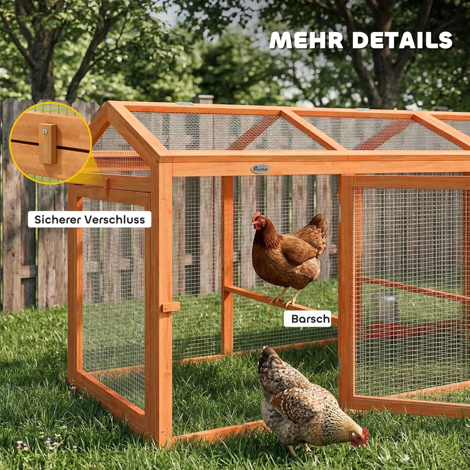 PawHut Hühnergehege aus Tannenholz mit Drahtgeflecht im Garten. Eine Henne auf Stange, eine am Boden. Sicherer Verschluss.