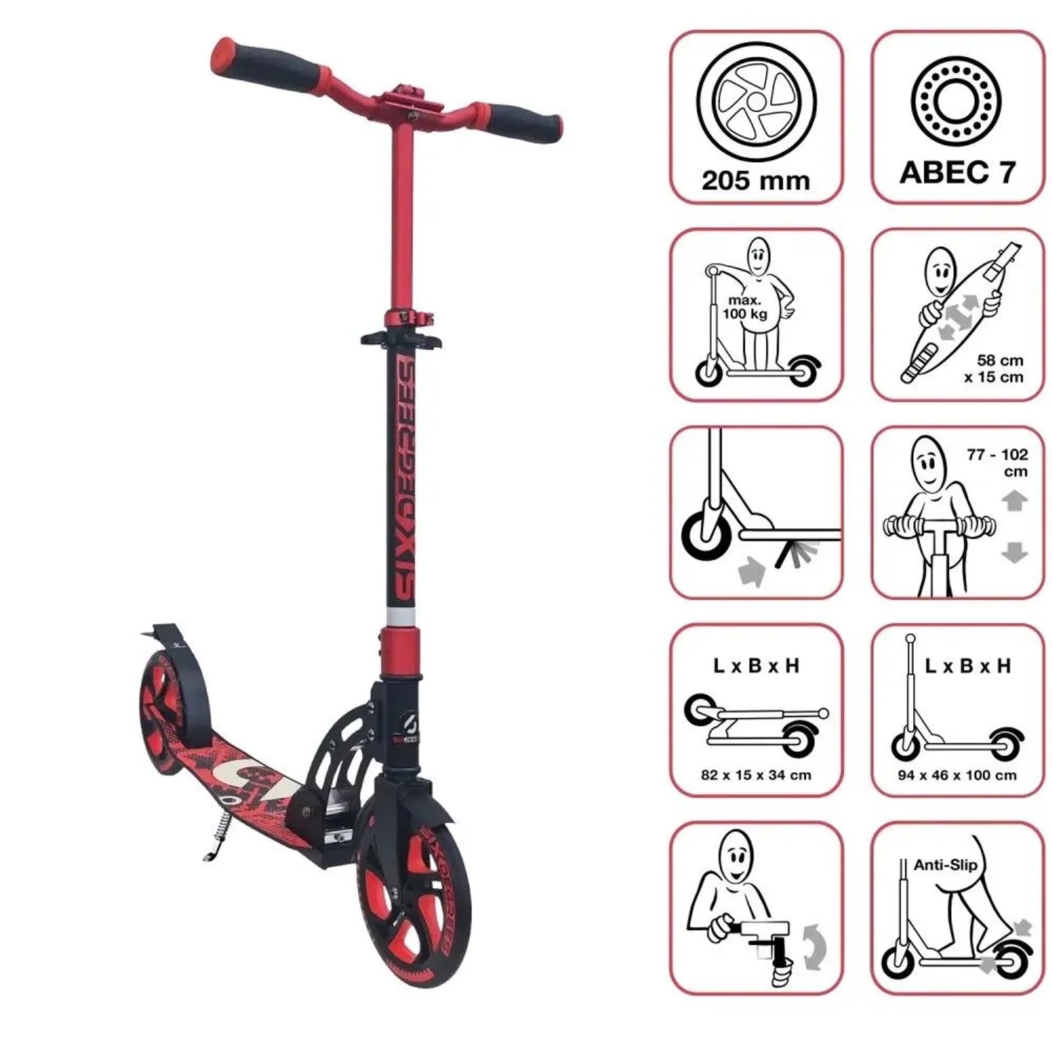 Six Degrees Aluminium Scooter mit Klappmechanismus und Ständer 205 mm Höhenverstellbar Racing Red Testsieger_2