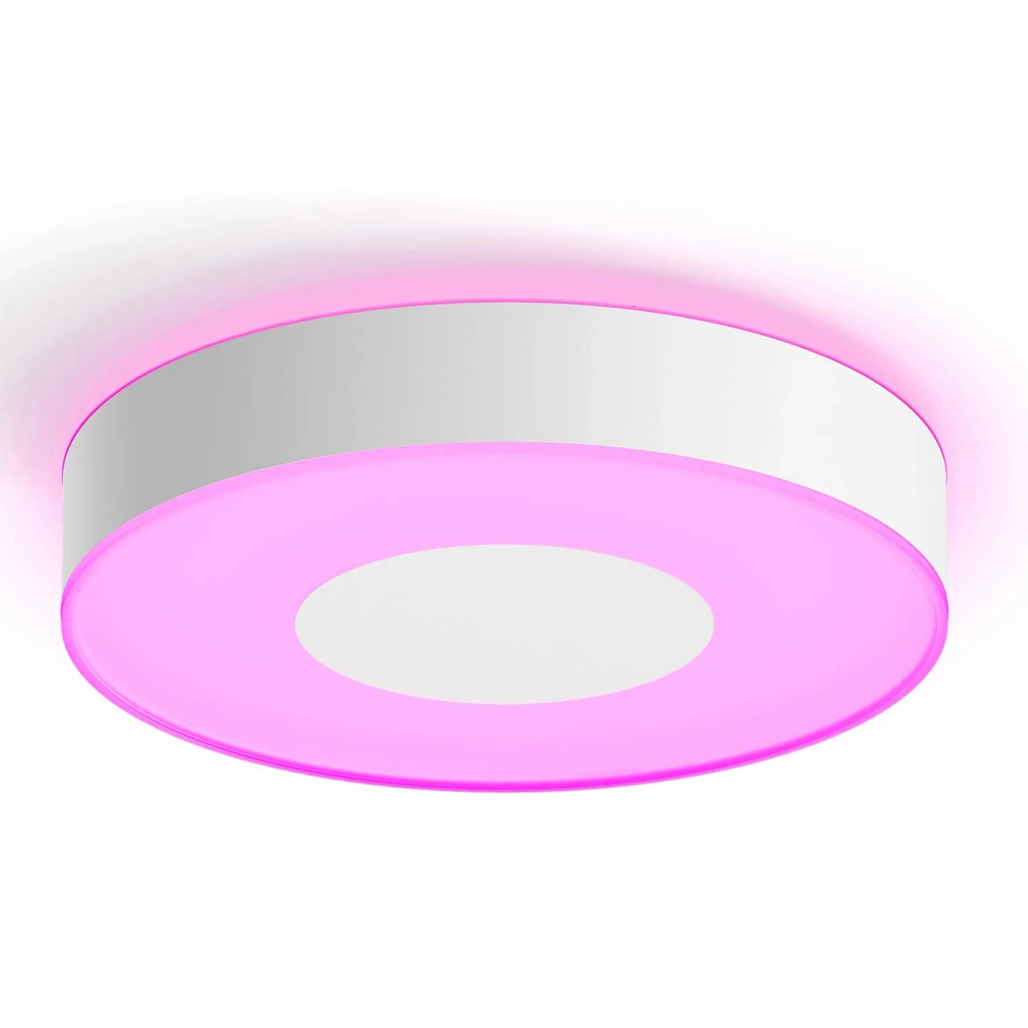 Weiße Philips Hue Infuse Deckenleuchte mit farbiger Ambiente-Beleuchtung in Pink.