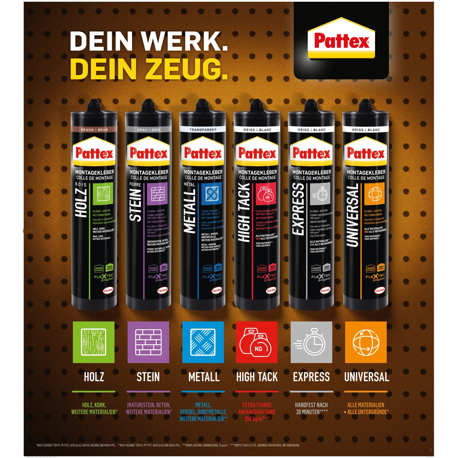 Pattex Montagekleber Universal, weiße Kartusche, verschiedene Ausführungen für Holz, Stein, Metall, Express und High Tack.