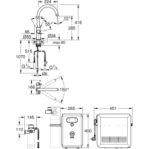 Technische Zeichnung: Grohe Blue Professional Supersteel Spültischbatterie Set mit Kühler und Filter.