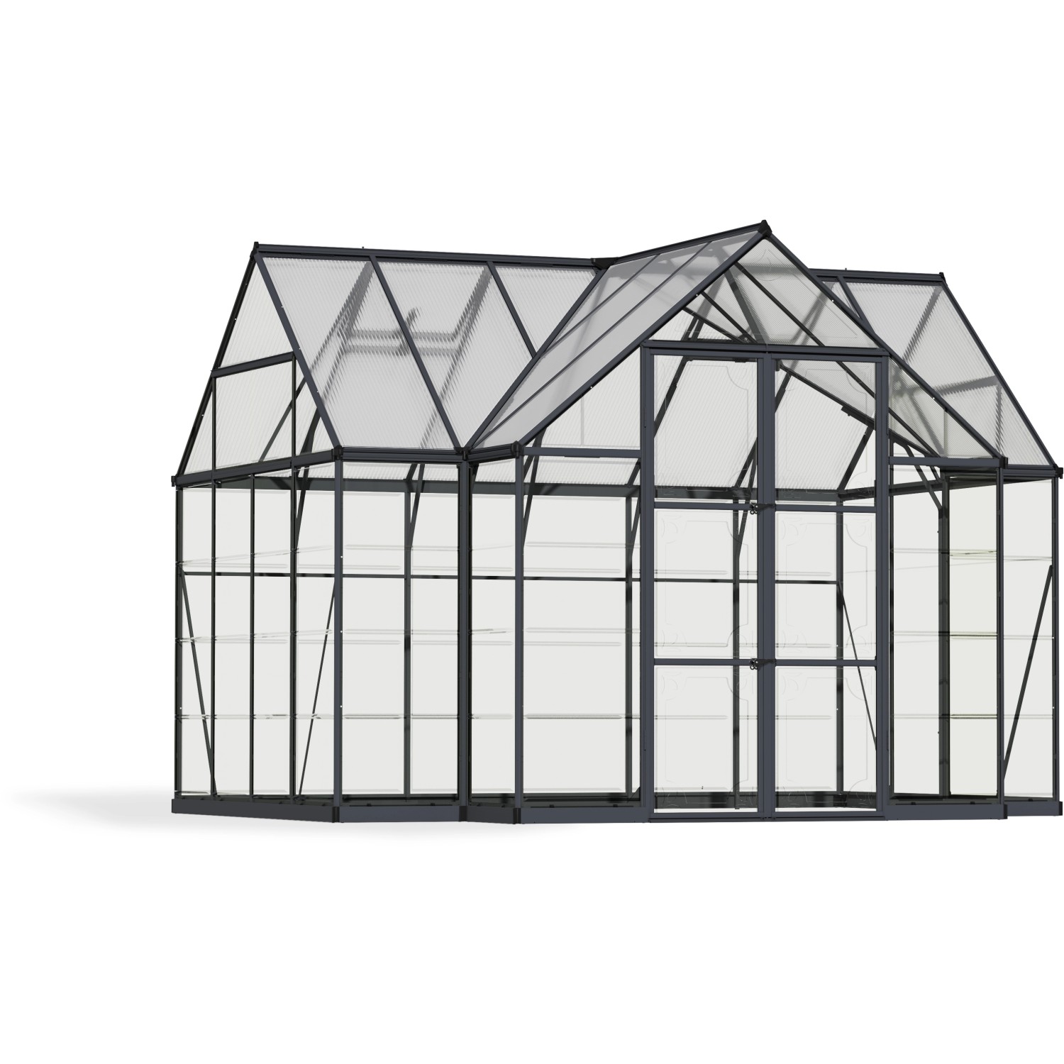 Palram Canopia Victory Orangerie Gewächshaus mit Stahlrahmen und transparenten Polycarbonat-Paneelen.