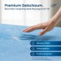 Hand drückt in blauen Gelschaum Topper, zeigt Memory-Effekt. Atmungsaktiver Matratzen Topper RG50 für Schlafkomfort.