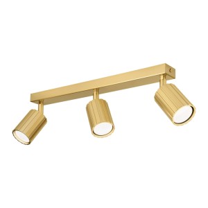 Goldene Lamkur Deckenleuchte Prisma mit drei Strahlern und geriffelten Lampenschirmen.
