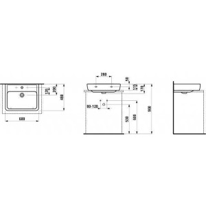 Technische Zeichnung: Laufen Aufsatzwaschtisch Pro A, 60 cm, weiß, Maße und Details für Installation.