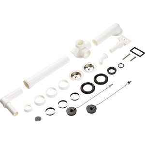 Doppelspüle Ab- und Überlaufgarnitur (G1 1/2) in Weiß, bestehend aus Rohren, Dichtungen und Ventilen.