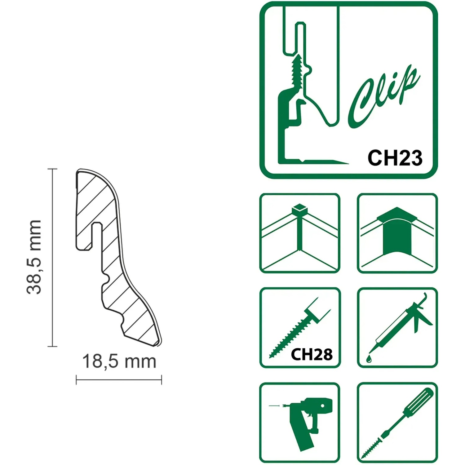 Profilzeichnung der FN Neuhofer Sockelleiste FU018L in Aluminiumoptik, MDF, 18,5x38,5 mm.