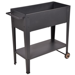 Mobiles, anthrazitfarbenes Metall-Hochbeet von Garden Pleasure mit Ablage und Rollen.