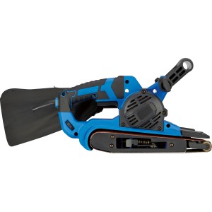 Blauer LUX Bandschleifer E-BAS-900 mit Staubfangsack für Schleifarbeiten.