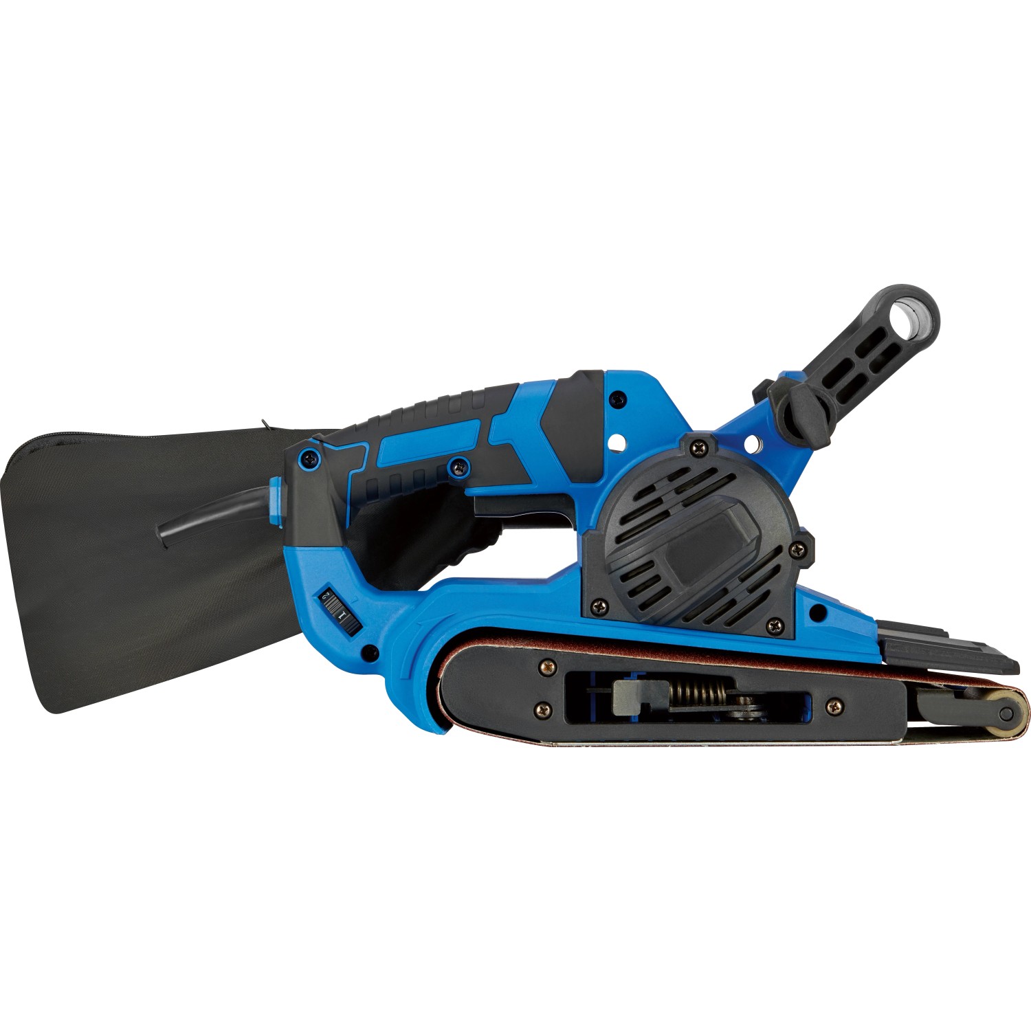 Blauer LUX Bandschleifer E-BAS-900 mit Staubfangsack für Schleifarbeiten.