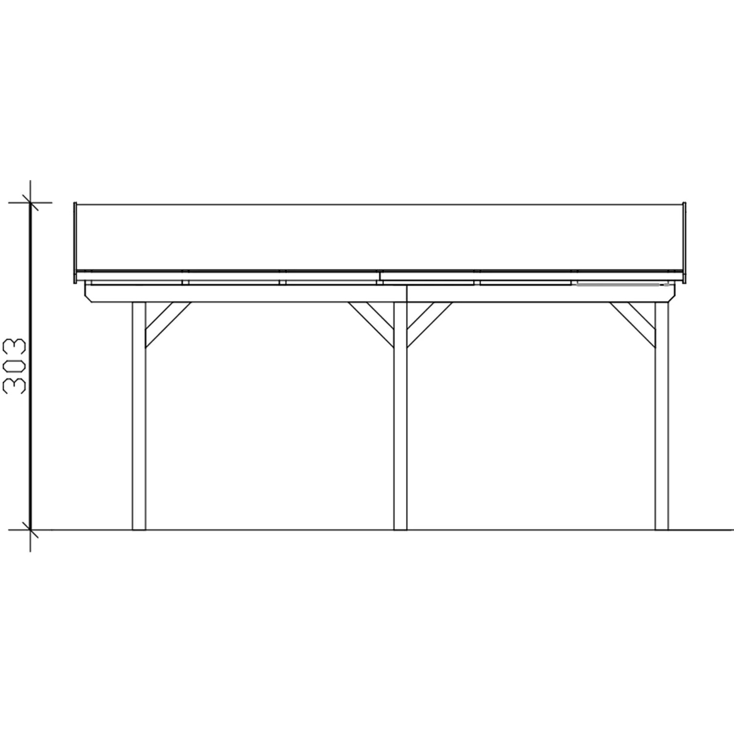 Skizze: Skan Holz Carport Fichtelberg, 317x566 cm, rote Schindeln, Nussbaum, Seitenansicht mit Höhenangabe.