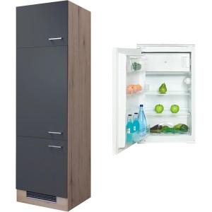 Flex-Well Kühlschrank-Einbauschrank Morena mit geöffnetem Kühlschrank, Front basaltgrau, Korpus San Remo Eiche hell.