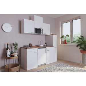 Weiße Respekta Economy Küchenzeile KB180WWMI (180 cm) mit E-Geräten und Arbeitsplatte in Nussbaumoptik.