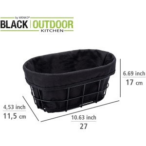 Wenko Brotkorb Bela, schwarz, aus Metall mit Stoffeinsatz, ideal für Grillutensilien und die Outdoorküche.