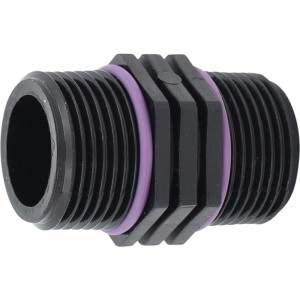 Schwarzer Doppelnippel 33,3 mm (R 1) aus PP-Kunststoff mit lila Dichtungsringen für Pumpen und Hauswasserwerke.