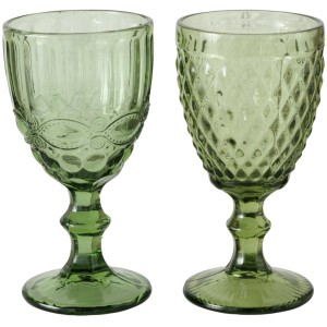 Zwei grüne Boltze Weingläser Aurora mit unterschiedlichen Mustern, 300 ml, für Geschenkartikel.