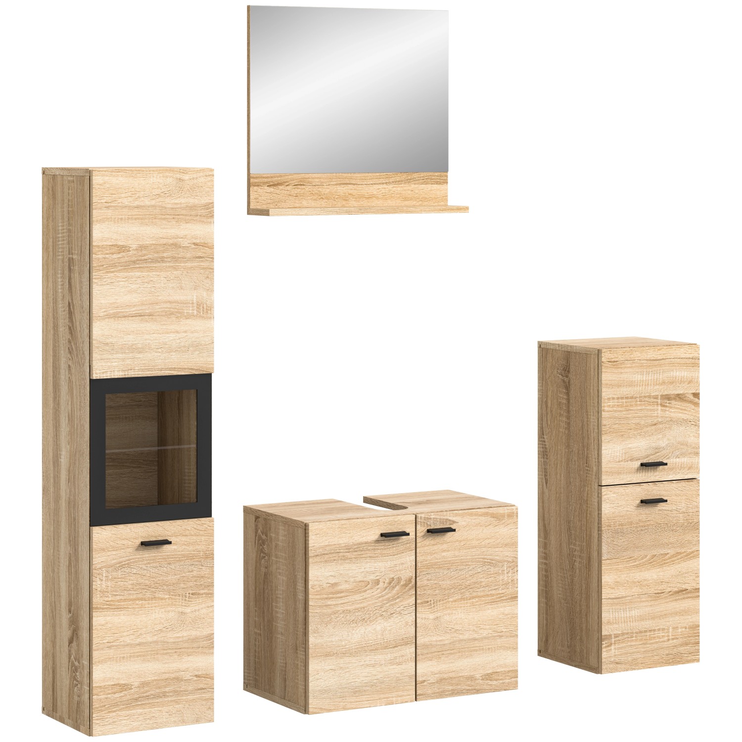 Badkombination Sonoma Eiche mit Spiegel und Schränken, schwarzer Rahmen.