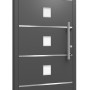 Moderne anthrazitfarbene Aluminium-Haustür mit Edelstahl-Applikationen und drei quadratischen Glaseinsätzen.
