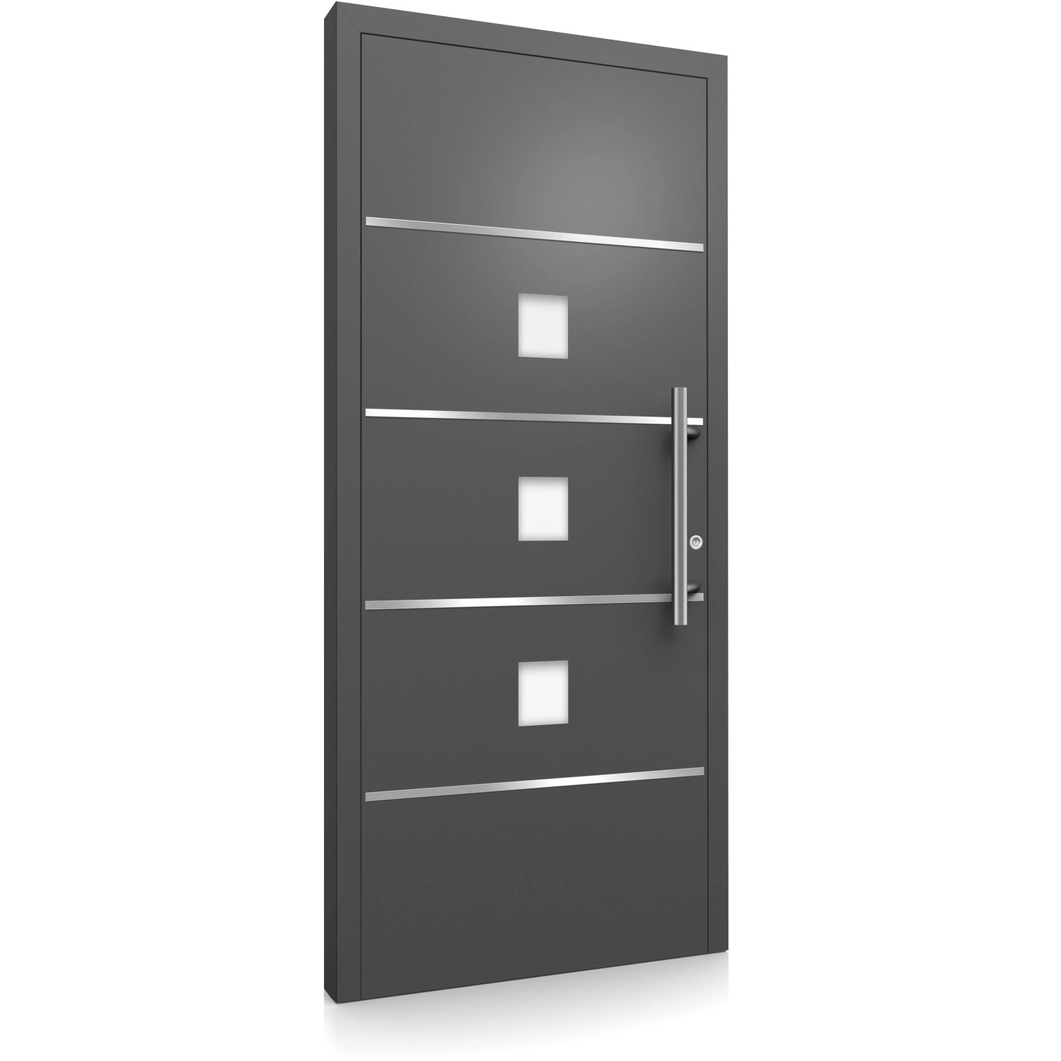Moderne anthrazitfarbene Aluminium-Haustür mit Edelstahl-Applikationen und drei quadratischen Glaseinsätzen.