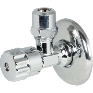 Verchromtes Waschgeräte-Eckventil mit Schubrosette, 21 mm Anschluss, zur Wasserregulierung.