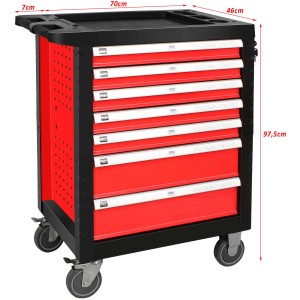 Atrox Werkzeugwagen mit 7 Schubladen, rot/schwarz, gefüllt mit Werkzeug.