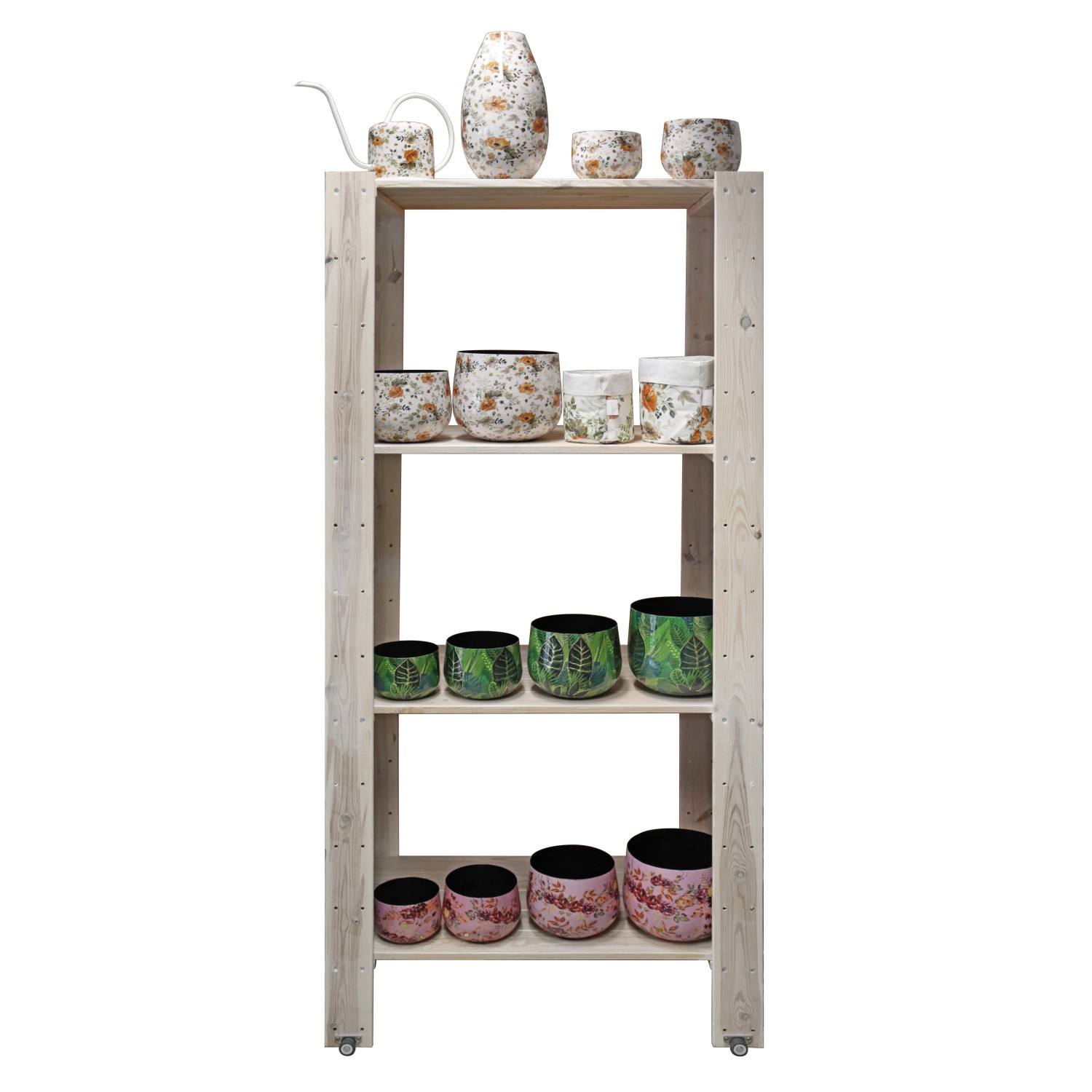 Regal mit Übertöpfen: Flora Übertopf mit Blumenmuster in Weiß-Gold und andere Designs.